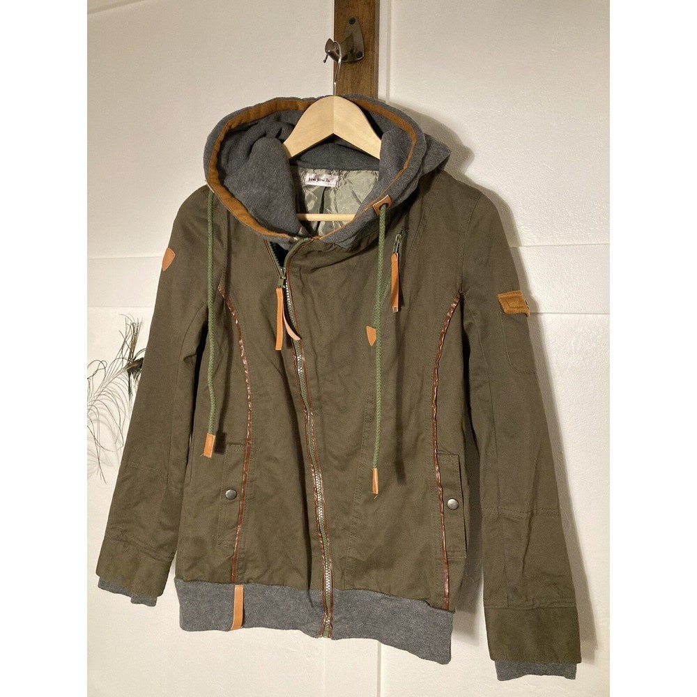 You You Tu Women’s Jacket Sz M Army Green With Hood, Zippers, Leather Accents